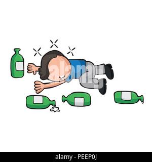 Vector hand-drawn cartoon illustration de drunk man lying on floor avec des bouteilles de bière vides. Illustration de Vecteur