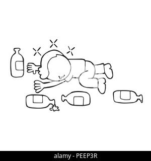 Vector hand-drawn cartoon illustration de drunk man lying on floor avec des bouteilles de bière vides. Illustration de Vecteur