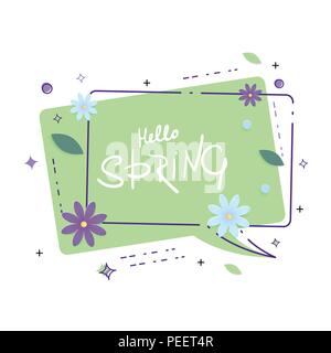 Bonjour Printemps vivid géométrique bannière. Lettres manuscrites. Badge de bulle. Memphis style. Pour l'élément de design graphique - affiche, dépliant, brochure, carte, t Illustration de Vecteur