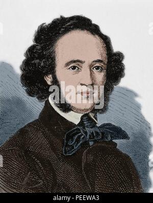 Felix Mendelssohn (Jakob Ludwig Felix Mendelssohn Bartholdy (1809),Hamburgo-Leipzig, 1847). Le compositeur y pianista de música romántico alemán. Les del Gweandhaus Directeur de Leipzig. Imagen coloreada. Banque D'Images