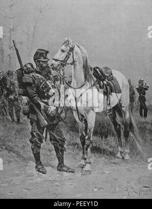 Franco-Prusiana Guerra (1870-1871). Sapeur de chasseurs à pied. La gravure. Alphonse por Original Marie de Neuville (1835-1885). En campagne, par Jules Richard. Obra editada en París en 1885. Biblioteca Histórico Militar de Barcelone. Cataluña. España. Banque D'Images