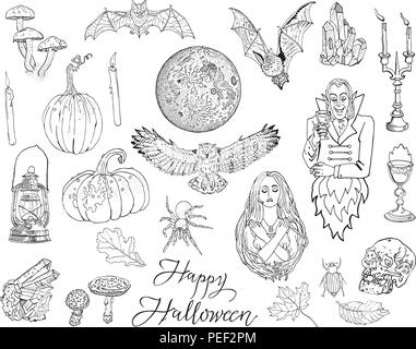 Halloween, automne, magie, gothique, fantasy doodle symboles, objets isolés, noir sur blanc. Citrouille, bougie, calice, les feuilles d'automne, chauve-souris, araignée, pleine lune, lanterne, champignons, OWL, crystal, vampire. Illustration de Vecteur