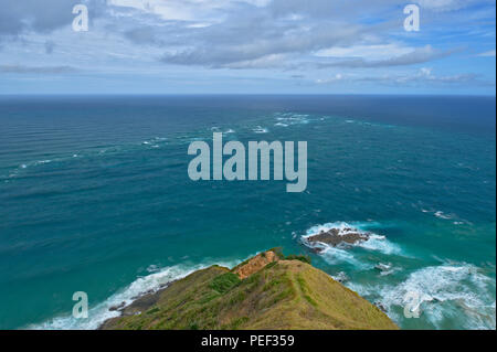 L'océan Pacifique et la mer de Tasman rencontre à Cape Reinga, île du Nord, Nouvelle-Zélande Banque D'Images