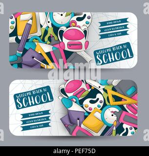 Concept Retour à l'école. Bannière horizontale paramétrage du modèle. Design moderne hand drawn doodle. Vector Illustrator. Illustration de Vecteur