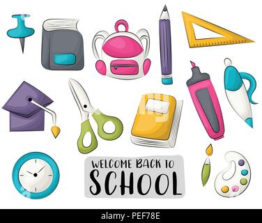 Retour à l'école icons set. Colorful hand drawn doodle objets. Vector Illustrator. Illustration de Vecteur