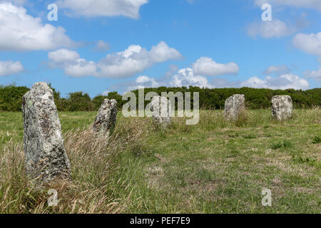 Le Merry Maidens stones est un cercle de pierre néolithique de 19 menhirs (danseurs) et 2 pierres connu sous le nom de pipers de musiciens. Banque D'Images