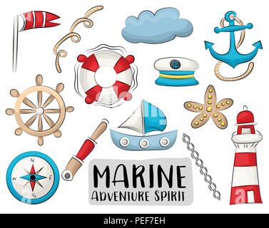 Nautique Marine travel icons set. Colorful hand drawn doodle objets. Vector Illustrator. Illustration de Vecteur