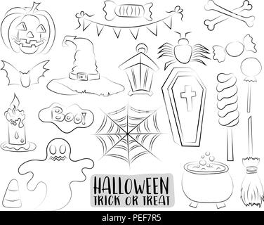 Ensemble d'éléments de conception et les icônes d'Halloween dans un style dessin animé en noir et blanc indiquant. Coloriages, jeux pour enfants. Doodle illustration vectorielle des objets. Illustration de Vecteur