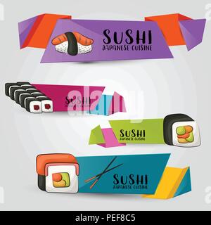 Sushi bar et restaurant asiatique bannière horizontale définie. Modèle de conception de publicités de produits alimentaires japonais. Cute étiquettes ou d'autocollants dans un style catrtoon. Vecto Illustration de Vecteur