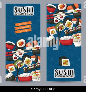 Sushi bar et restaurant asiatique vertical banner set. Publicités de produits alimentaires japonais. modèle de conception de l'illustration vectorielle. Illustration de Vecteur
