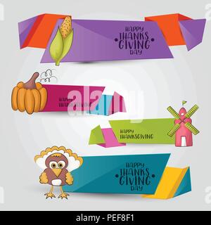 Un ensemble de bannières horizontale de l'action de grâce. Bonnes fêtes de fin d'autocollant et concept de l'étiquette. Modèle de conception de la récolte d'automne pour la publicité, la vente, l'invitation Illustration de Vecteur