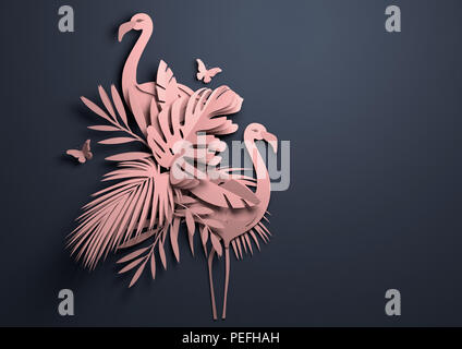 Papier plié origami.contexte tropical avec des flamants roses. 3D illustration. Banque D'Images