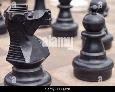 Close-up de grandes pièces des échecs à un jardin. L'accent sur le chevalier noir au premier plan. Banque D'Images