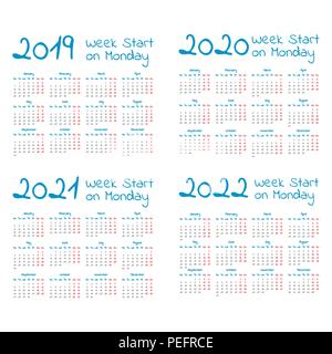 Année 2019-2022 simple calendrier défini, d'une semaine commence le lundi Illustration de Vecteur