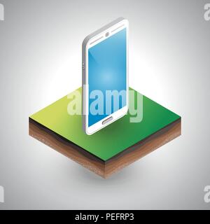Smartphone isométrique mis sur le morceau de sol à l'ombre Illustration de Vecteur