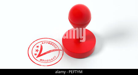 Timbre approuvé. Caoutchouc rond rouge et stamper stamp avec texte approuvé isolé sur fond blanc. 3d illustration Banque D'Images