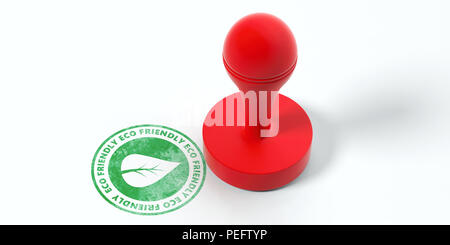 ECO FRIENDLY stamp. Caoutchouc rond rouge et vert stamper stamp avec texte eco friendly isolé sur fond blanc. 3d illustration Banque D'Images