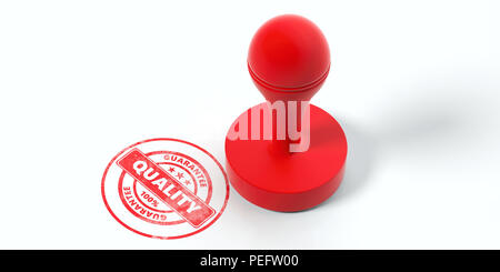 Timbre de qualité. Caoutchouc rond rouge et stamper stamp avec qualité de texte isolé sur fond blanc. 3d illustration Banque D'Images