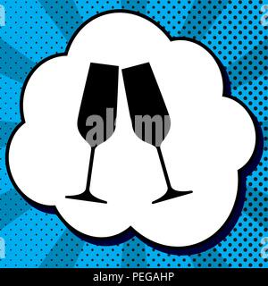 Verres à champagne. Vecteur. Icône noire dans la bulle bleue sur fond pop-art avec des rayons. Illustration de Vecteur
