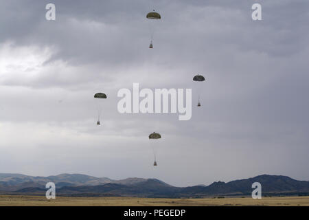 Formation parachutée cargaisons tomber au sol après avoir été largué d'un avion de transport C-130 Hercules affecté à la 120e Airlift Wing de la Garde nationale aérienne du Montana le 12 août 2015. L'avion prend part à un exercice laissant tomber le fer de lance du fret drop site situé à l'ouest de Toston, au Montana (Montana Air National Guard photo par le conseiller-maître Sgt. Eric Peterson/libérés) Banque D'Images