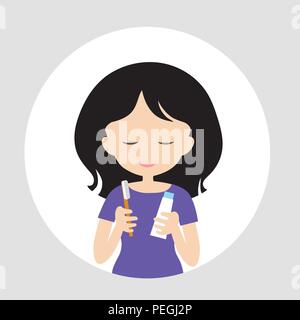 Young woman smiling and standing in front of mirror en main tenant une brosse à dents et dentifrice, isolé sur fond blanc - cercle vector, télévision le desi Illustration de Vecteur