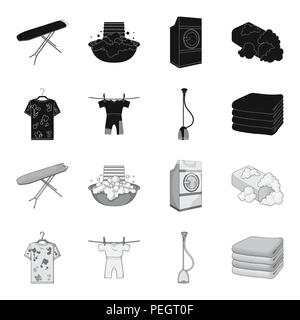 Aspirateur, une pile de linge sale, et nettoyer des choses. Nettoyage à Sec collection set icônes de style monochrome noir,symbole vecteur illustration stock Illustration de Vecteur