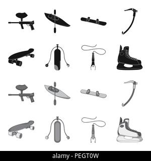 Skateboard, réservoir d'oxygène pour la plongée sous-marine, saut à ski, patin de hockey.sport extrême set collection icônes de style monochrome noir,symbole vecteur stock illustratio Illustration de Vecteur