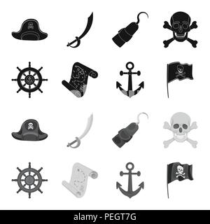 Pirate, bandit, gouvernail, drapeau Pirates set icônes .collection en noir style monochrome,symbole vecteur illustration de stock . Illustration de Vecteur