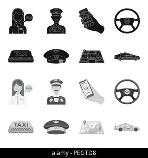 Taxi jaune inscription, un bouchon avec un taxi d'un insigne, une carte avec une marque, une voiture avec les dames. Jeu de taxi en icônes collection style monochrome noir,vector s Illustration de Vecteur