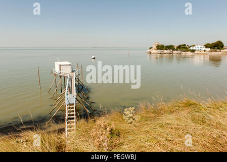 Cabanes de pêche traditionnelle sur pilotis (flots 9) à Talmont-sur-Gironde, France Banque D'Images