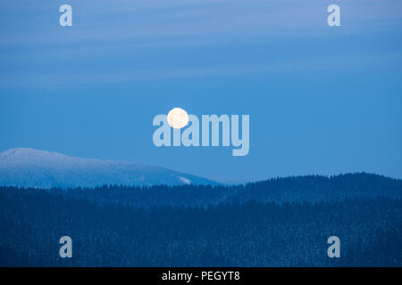 Pleine lune d'hiver qui s'élève au-dessus des montagnes Smoky. Great Smoky Mountains National Park, États-Unis Banque D'Images