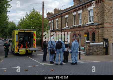 Londres, Royaume-Uni. 15 août 2018. Une enquête pour meurtre a été lancé dans Wandsworth après qu'une femme a été mortellement poignardé. Ils ont appelé la police, le mercredi 15 août à 12:38CEST à un rapport d'un poignard à une adresse résidentielle à Grayshott Road, SW11. Une femme, qui semble être âgée de la trentaine a été trouvé avec un coup de la blessure. Elle a été déclaré mort sur les lieux à 13:41 CEST. Crédit : Peter Manning/Alamy Live News Banque D'Images