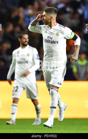 Tallinn, Estonie. Août 15, 2018. Foot : la Super Coupe de l'UEFA, le Real Madrid - Atletico Madrid à Lilleküla Stadium. Du Real Madrid Sergio Ramos célèbre son but de pénalité, la notation 2-1. Credit : Marius Becker/dpa/Alamy Live News Banque D'Images