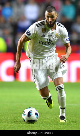 Tallinn, Estonie. Août 15, 2018. Foot : la Super Coupe de l'UEFA, le Real Madrid - Atletico Madrid à Lilleküla Stadium. Karim Benzema du Real Madrid en action. Credit : Marius Becker/dpa/Alamy Live News Banque D'Images