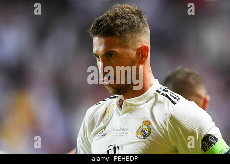 Tallinn, Estonie. Août 15, 2018. Sergio Ramos du Real Madrid réagit au cours de la Super Coupe de l'UEFA match contre l'Atletico Madrid à Lillekula Statium à Tallinn, Estonie, 15 août 2018. L'Atletico Madrid a gagné 4-2. Crédit : Sergei Stepanov/Xinhua/Alamy Live News Banque D'Images