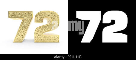 Nombre d'or soixante-douze (72) sur fond blanc avec ombre portée et canal alpha. 3D illustration. Banque D'Images