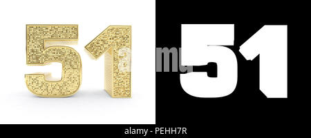 Nombre d'or 51 (numéro 51) sur fond blanc avec ombre portée et canal alpha. 3D illustration. Banque D'Images