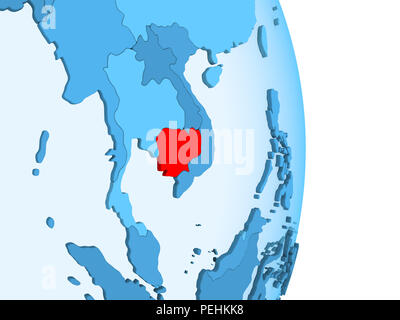 Le Cambodge en rouge sur bleu simple globe politique visible avec frontières du pays et transparent des océans. 3D illustration. Banque D'Images