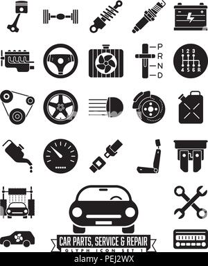 Collection de pièces de voiture isolés, d'entretien et de réparation les icônes des glyphes. Série des symboles de l'automobile 1. Illustration de Vecteur
