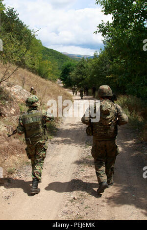 Des soldats polonais et serbes effectuent une patrouille à pied conjointe de la ligne de démarcation administrative dans le nord du Kosovo le 18 août 2015, dans le cadre de la mission de soutien à la paix de la Force de paix au Kosovo (KFOR) de l'OTAN. Les soldats polonais sont affectés au groupement tactique multinational-East Forward Command Post. Le personnel militaire de la KFOR et de la Serbie, y compris les hauts responsables, effectue des patrouilles de routine pour assurer le respect de la résolution 1244 du Conseil de sécurité des Nations Unies, maintenir la sécurité régionale, la coordination opérationnelle et la coopération dans les Balkans. Banque D'Images