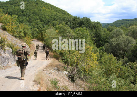 Des soldats de Pologne et de Serbie effectuent une patrouille conjointe de la ligne de démarcation administrative dans le nord du Kosovo le 18 août 2015, dans le cadre de la mission de soutien de la paix de la Force de paix au Kosovo de l'OTAN. Les soldats polonais sont affectés au groupement tactique multinational-East Forward Command Post. La KFOR et les militaires serbes effectuent des patrouilles de routine pour assurer le respect de la résolution 1244 du Conseil de sécurité des Nations Unies, maintenir la stabilité régionale, la coordination opérationnelle et la coopération internationale dans les Balkans. Banque D'Images