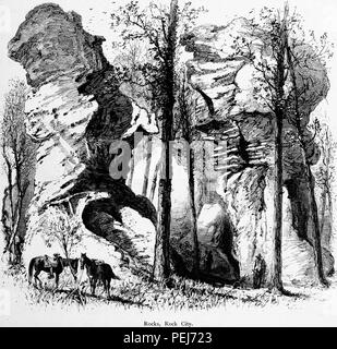 Tirage d'époque en noir et blanc représentant des chevaux et des personnes à proximité d'un stand de rochers au Rock City, une formation géologique situé sur Lookout Mountain en Géorgie, USA, publié dans William Cullen Bryant's edited volumes 'Amérique pittoresque ; ou, le pays dans lequel nous vivons", 1872. Avec la permission de Internet Archive. () Banque D'Images