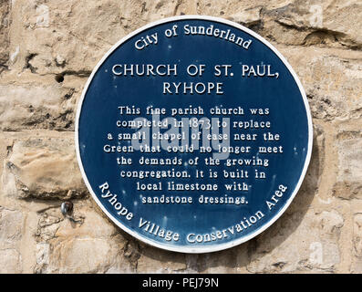 Blue plaque sur l'église de St Paul, Ryhope, Sunderland, Angleterre, RU Banque D'Images