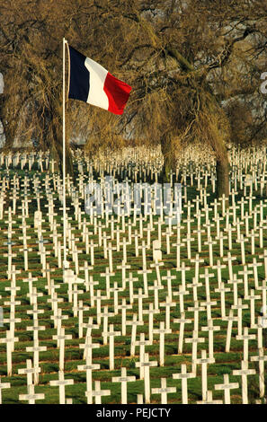 Légende ci-dessous de Travel France site web et est soumis au droit d'auteur. La Targette cimetière français est situé dans la targette à Neuville-Saint-Vaast. Il contient les tombes de 11 443 soldats tués lors des batailles de l'Artois LA PREMIÈRE GUERRE MONDIALE, et 593 tués pendant la DEUXIÈME GUERRE MONDIALE. Le village a été complètement détruit au cours de la deuxième bataille d'Artois, une offensive qui a eu lieu en mai 1915. La Targette Cimetière Français est situé à côté de la guerre, cimetière britannique le long de la route D55 qui relie Lens à Maroeuil. La Targette Cimetière français était ouvert en 1919. Il contient les tombes de 11 443 soldats tués au cours de t Banque D'Images