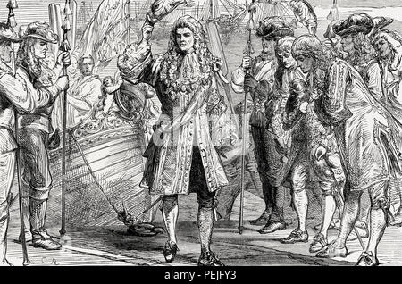 Le roi Jacques II, à l'atterrissage à Kinsale, Irlande, le 12 mars 1689, de la bataille sur terre et mer, par James Grant Banque D'Images