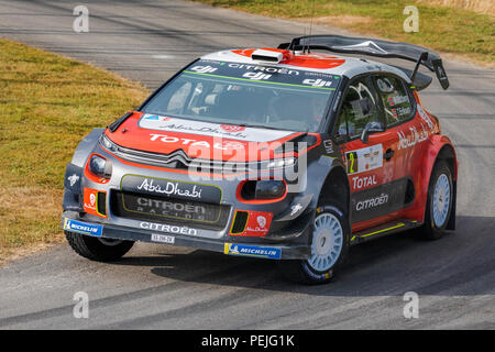 2018 Citroën C3 WRC avec chauffeur Mads Ostberg au Goodwood Festival of Speed 2018, Sussex, UK. Banque D'Images