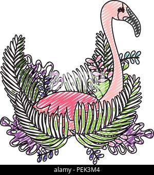 Doodle plantes tropicales exotiques avec des oiseaux flamand Illustration de Vecteur