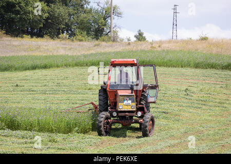 La fenaison agriculteur un champ d'herbe à la colline dans près de Stremsti Kardzhali, province, la Bulgarie, de l'agriculture Banque D'Images