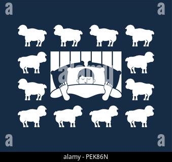 Homme endormi et les moutons. Guy au lit endormi. sleeper mâle. Vector illustration Illustration de Vecteur