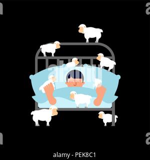 Homme endormi et les moutons. Guy au lit endormi. sleeper mâle. Vector illustration Illustration de Vecteur